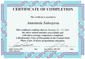 This certificate confirms that on January 24-27,2021 the above named attendee successfully and with above average competence completed A Biodynamics View of Osteopathy in the Cranial Field Phase II for 24 hours postgraduate education