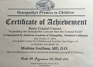 Международный сертификат о повышении квалификации по программе Basic Cranial Course «Expanding the Osteopathic Concept Into the Cranial Field