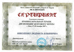 Сертификат участника семинара по программе повышения квалификации «Краниосакральная терапия, дисфункции мозгового черепа», Школа соматической интеграции доктора Ю.В. Чикурова
