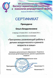 Повышение квалификации по программе «Программы развивающей работы с детьми младенческого и раннего возраста в семье», НОУ ДО «Институт перинатальной психологии и психологии репродуктивной сферы»