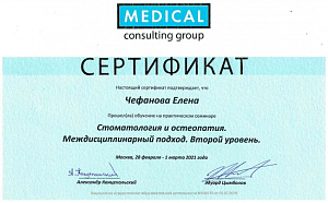 Сертификат участника практического семинара по программе «Стоматология и остеопатия. Междисциплинарный подход. Второй уровень»