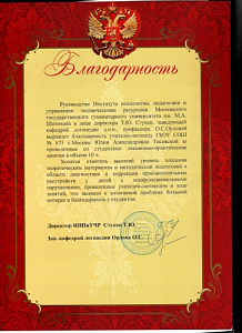 Благодарность от «Института психологии, педагогики и управления человеческими ресурсами Московского государственного гуманитарного университета им. М.А. Шолохова» за высокий уровень владения теоретическим материалом и методолгической подготовки в области