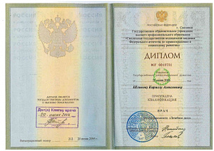 Диплом о высшем медицинском образовании с присуждением квалификации «Врач» по специальности «Лечебное дело» при ГОУ ВПО «Смоленская государственная медицинская академия Федерального агентства по здравоохранению и социальному развитию»