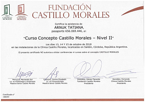 Сертификат об окончании курса обучения по программе «Curso Concepto Castillo Morales, Nivel II», Fundacion Castillo Morales, de Clinica Castillo – Cordoba Argentina