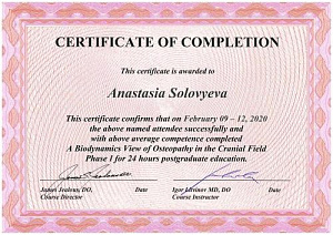 This certificate confirms that on January 09-12,2021 the above named attendee successfully and with above average competence completed A Biodynamics View of Osteopathy in the Cranial Field Phase I for 24 hours postgraduate education